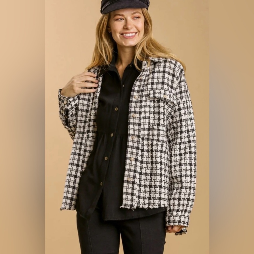 Umgee Tweed Shacket Black Plaid Size Small